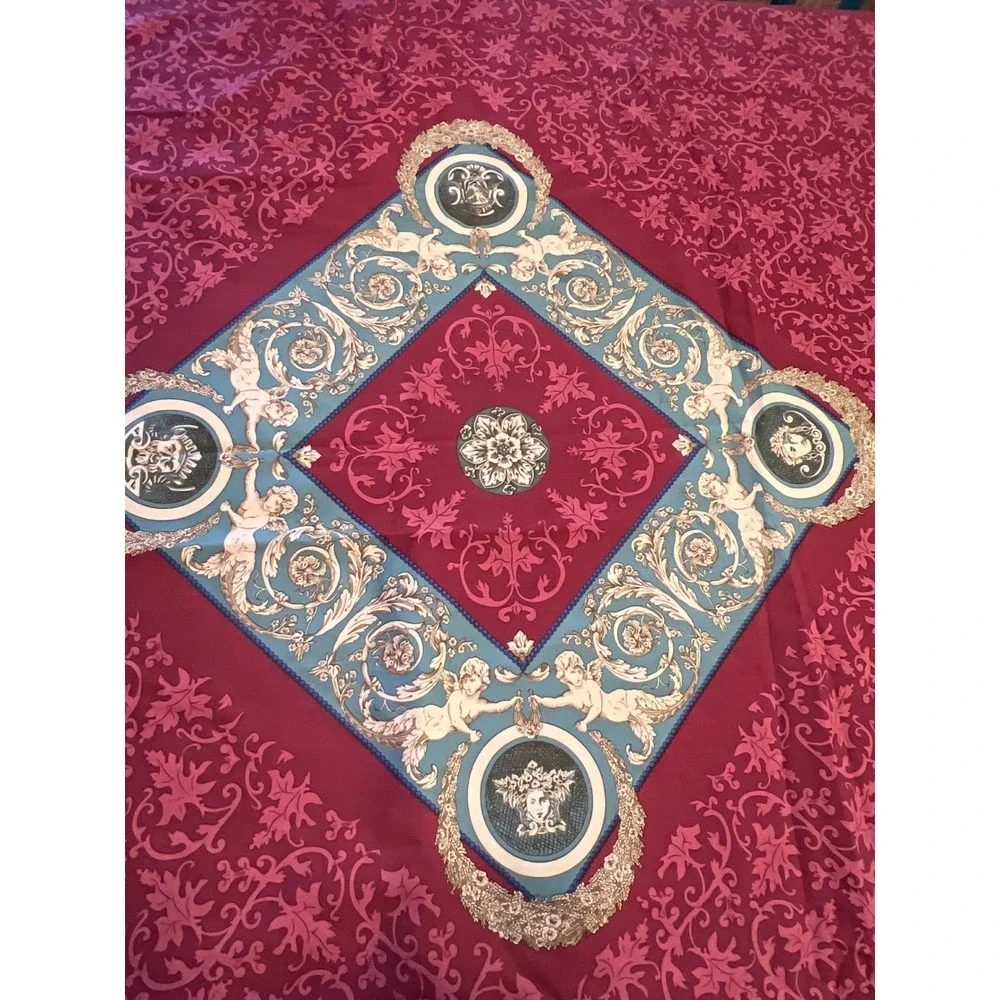 Beauville French Cherub Medallion Tablecloth Cotton Linen Burgundy Elegant 92x64